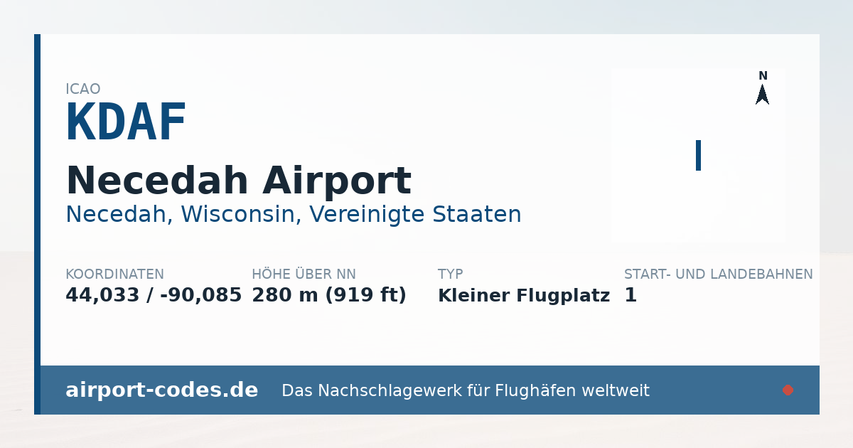Generierte Übersichtsgrafik zum Flughafen Necedah Airport mit Codes, Koordinaten und Bahnenskizze