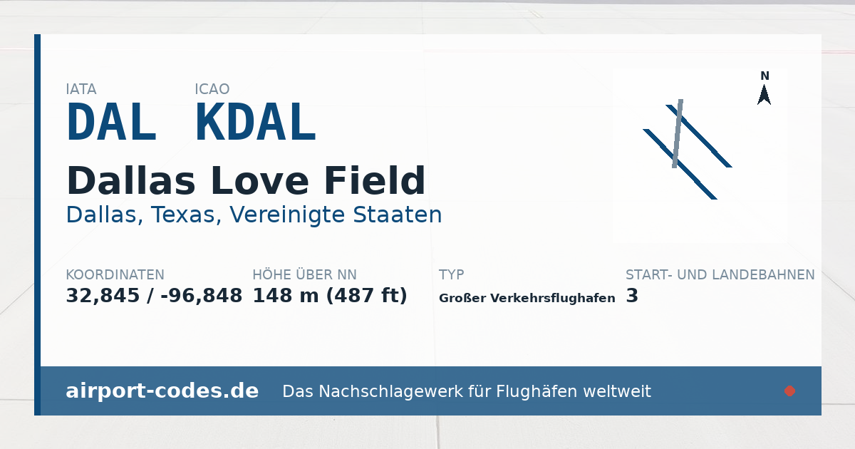 Generierte Übersichtsgrafik zum Flughafen Dallas Love Field mit Codes, Koordinaten und Bahnenskizze