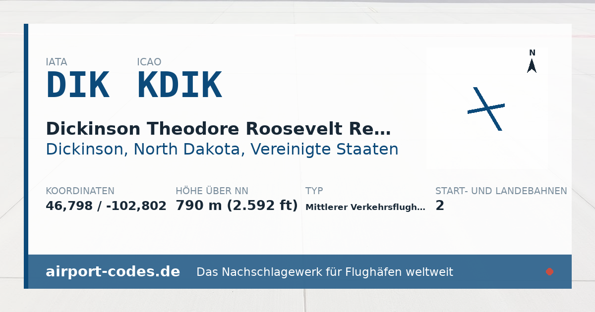 Generierte Übersichtsgrafik zum Flughafen Dickinson Theodore Roosevelt Regional Airport mit Codes, Koordinaten und Bahnenskizze