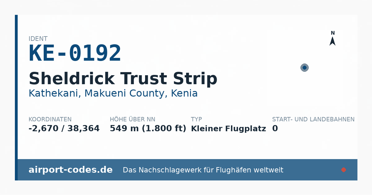 Generierte Übersichtsgrafik zum Flughafen Sheldrick Trust Strip mit Codes, Koordinaten und Bahnenskizze
