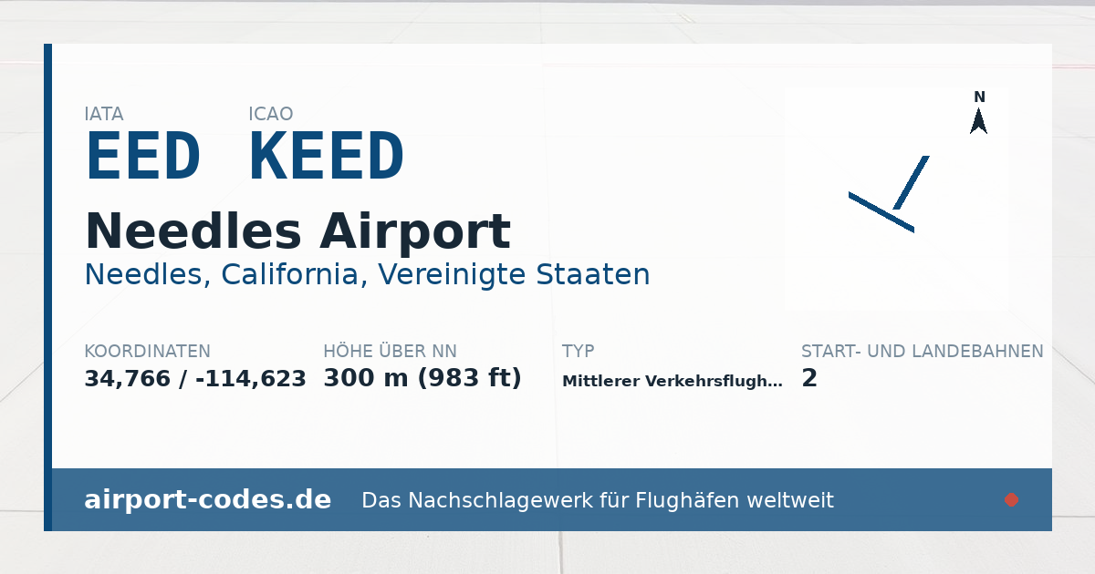 Generierte Übersichtsgrafik zum Flughafen Needles Airport mit Codes, Koordinaten und Bahnenskizze