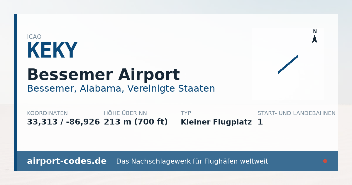 Generierte Übersichtsgrafik zum Flughafen Bessemer Airport mit Codes, Koordinaten und Bahnenskizze