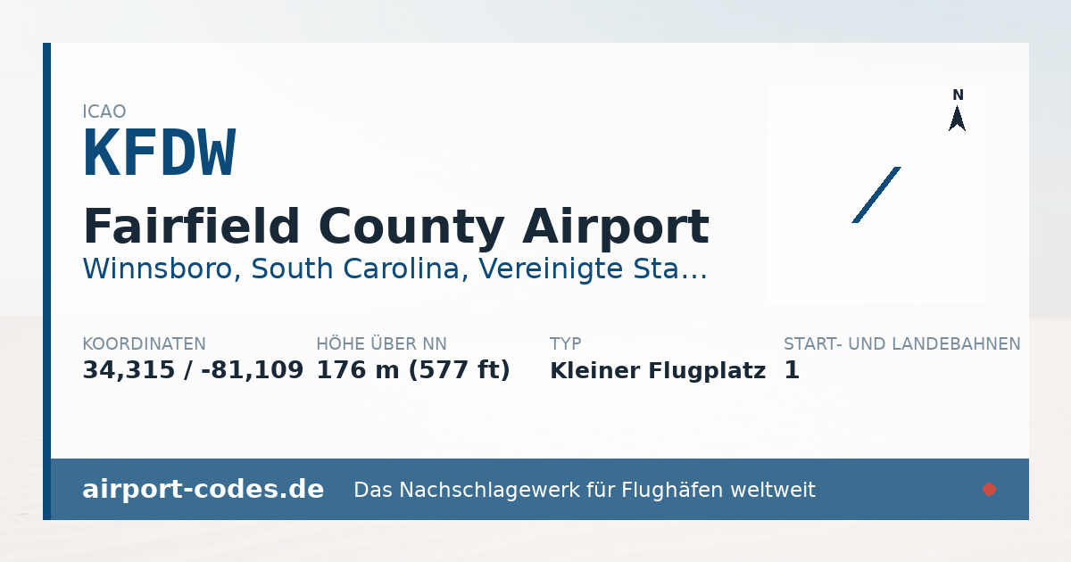 Generierte Übersichtsgrafik zum Flughafen Fairfield County Airport mit Codes, Koordinaten und Bahnenskizze