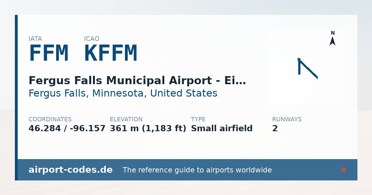 Generated summary graphic for Fergus Falls Municipal Airport - Einar Mickelson Field showing codes, coordinates and a runway sketch