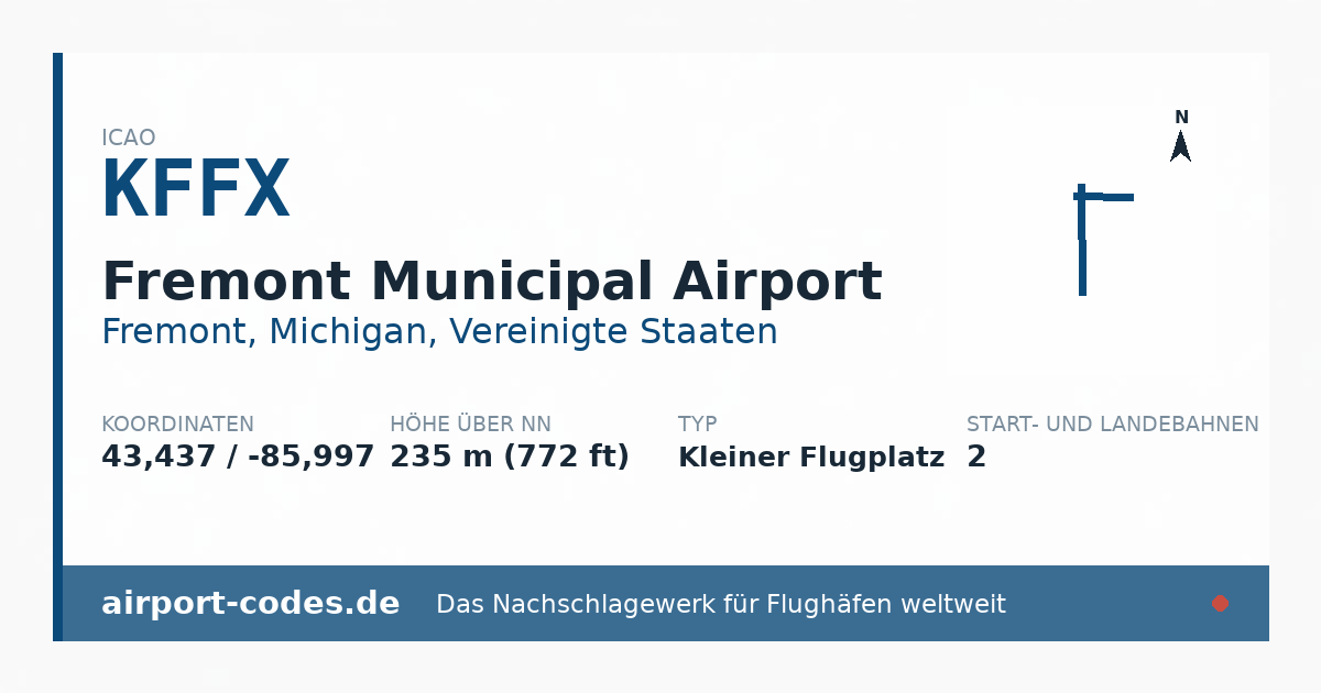 Generierte Übersichtsgrafik zum Flughafen Fremont Municipal Airport mit Codes, Koordinaten und Bahnenskizze