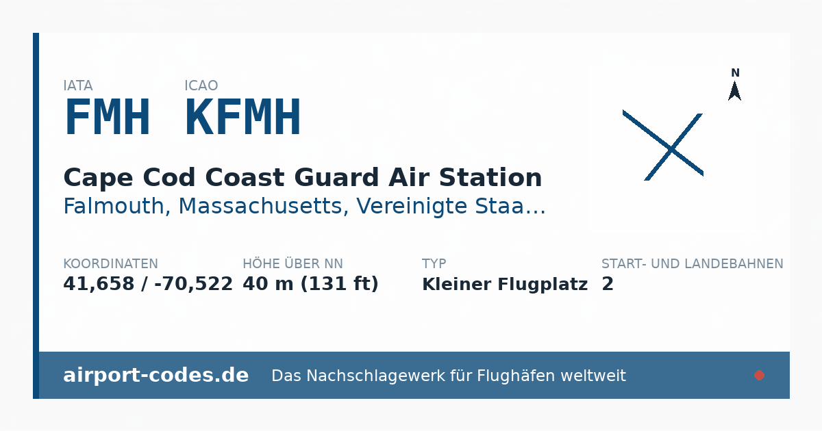 Generierte Übersichtsgrafik zum Flughafen Cape Cod Coast Guard Air Station mit Codes, Koordinaten und Bahnenskizze