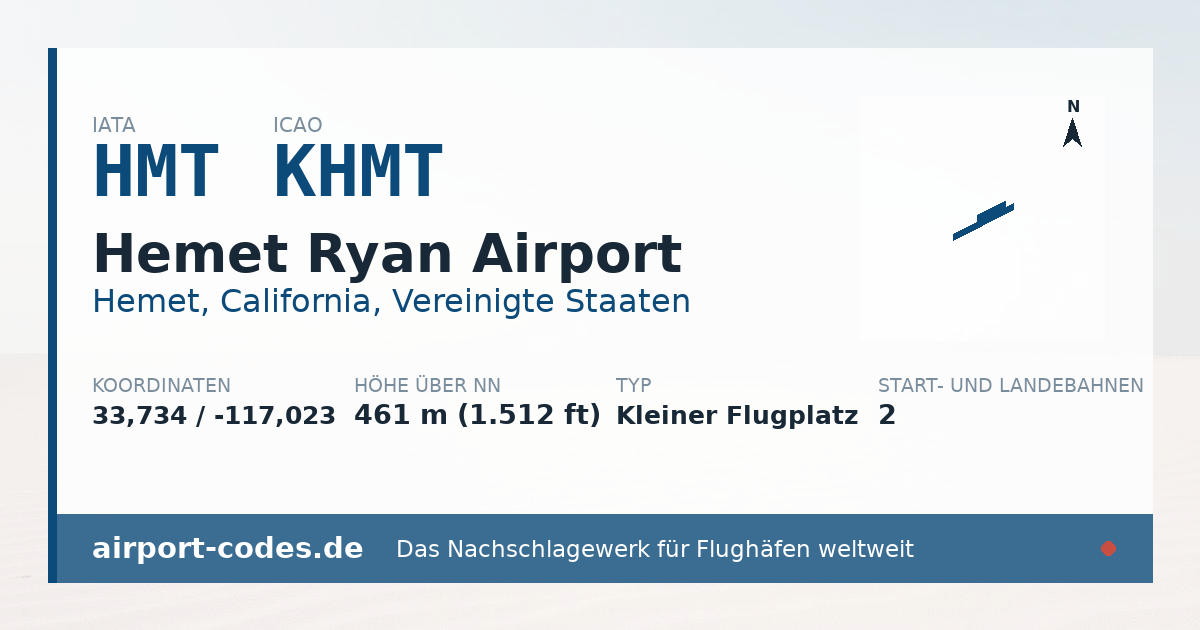 Generierte Übersichtsgrafik zum Flughafen Hemet Ryan Airport mit Codes, Koordinaten und Bahnenskizze