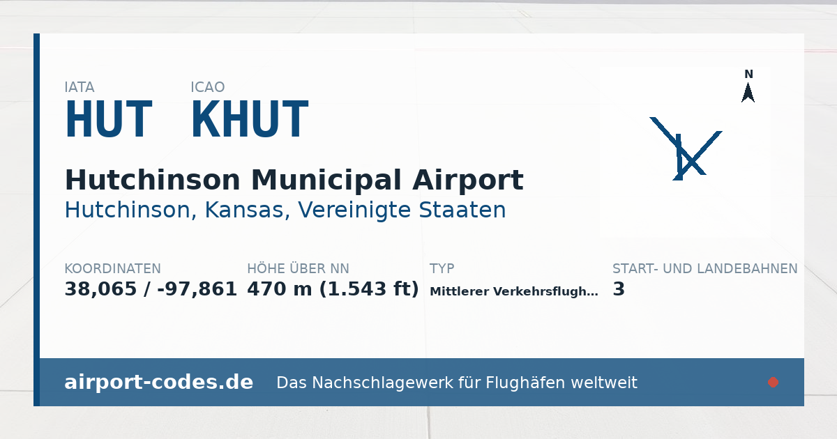 Generierte Übersichtsgrafik zum Flughafen Hutchinson Municipal Airport mit Codes, Koordinaten und Bahnenskizze