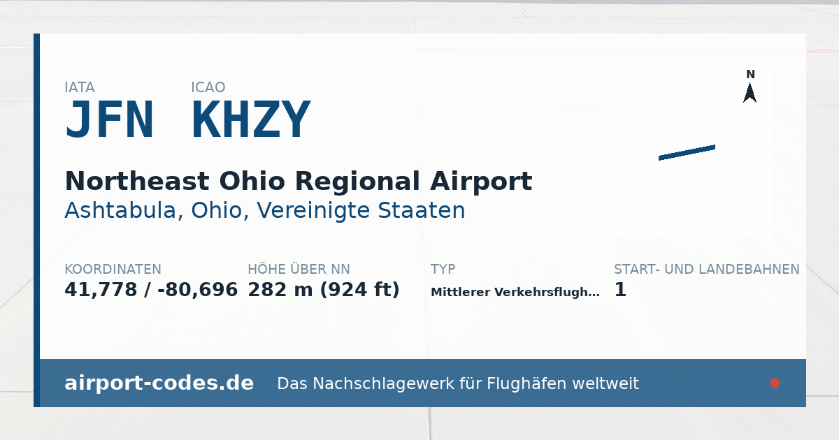 Generierte Übersichtsgrafik zum Flughafen Northeast Ohio Regional Airport mit Codes, Koordinaten und Bahnenskizze