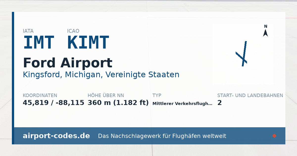 Generierte Übersichtsgrafik zum Flughafen Ford Airport mit Codes, Koordinaten und Bahnenskizze