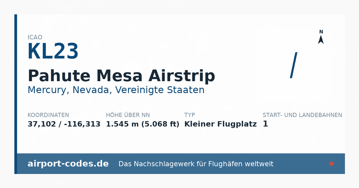Generierte Übersichtsgrafik zum Flughafen Pahute Mesa Airstrip mit Codes, Koordinaten und Bahnenskizze