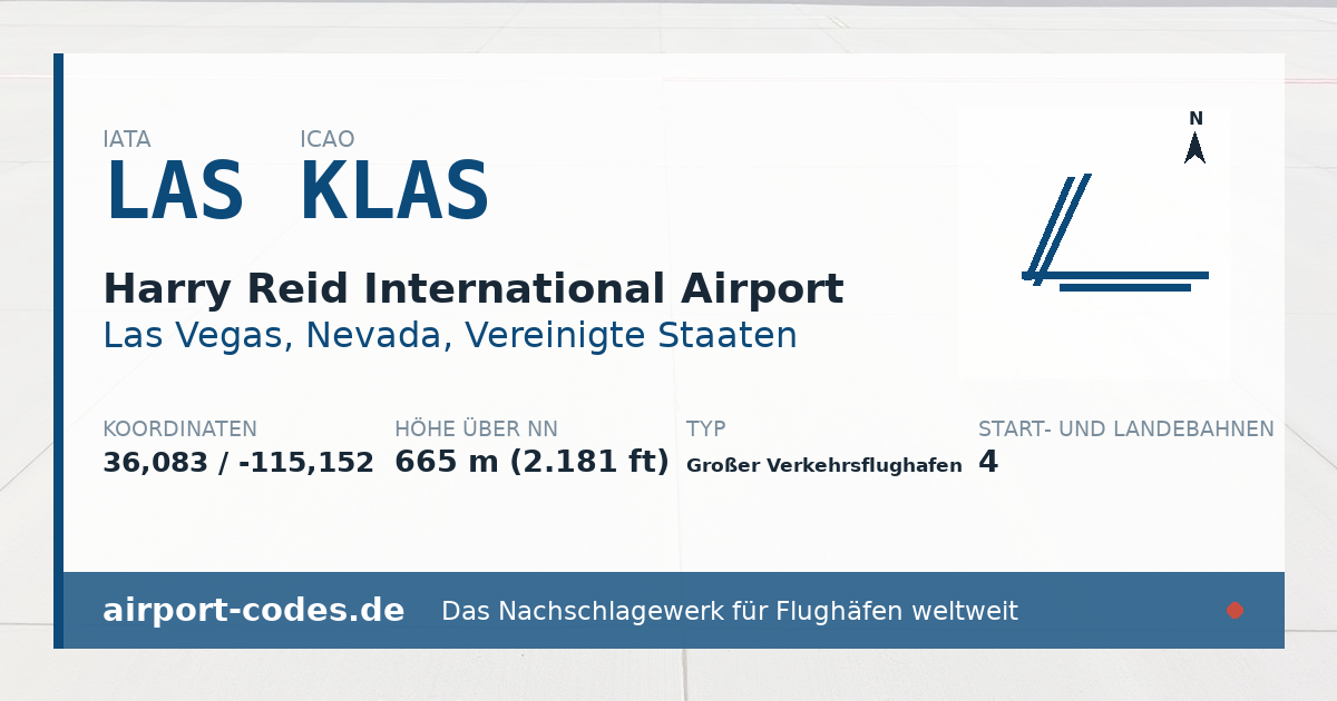 Generierte Übersichtsgrafik zum Flughafen Harry Reid International Airport mit Codes, Koordinaten und Bahnenskizze