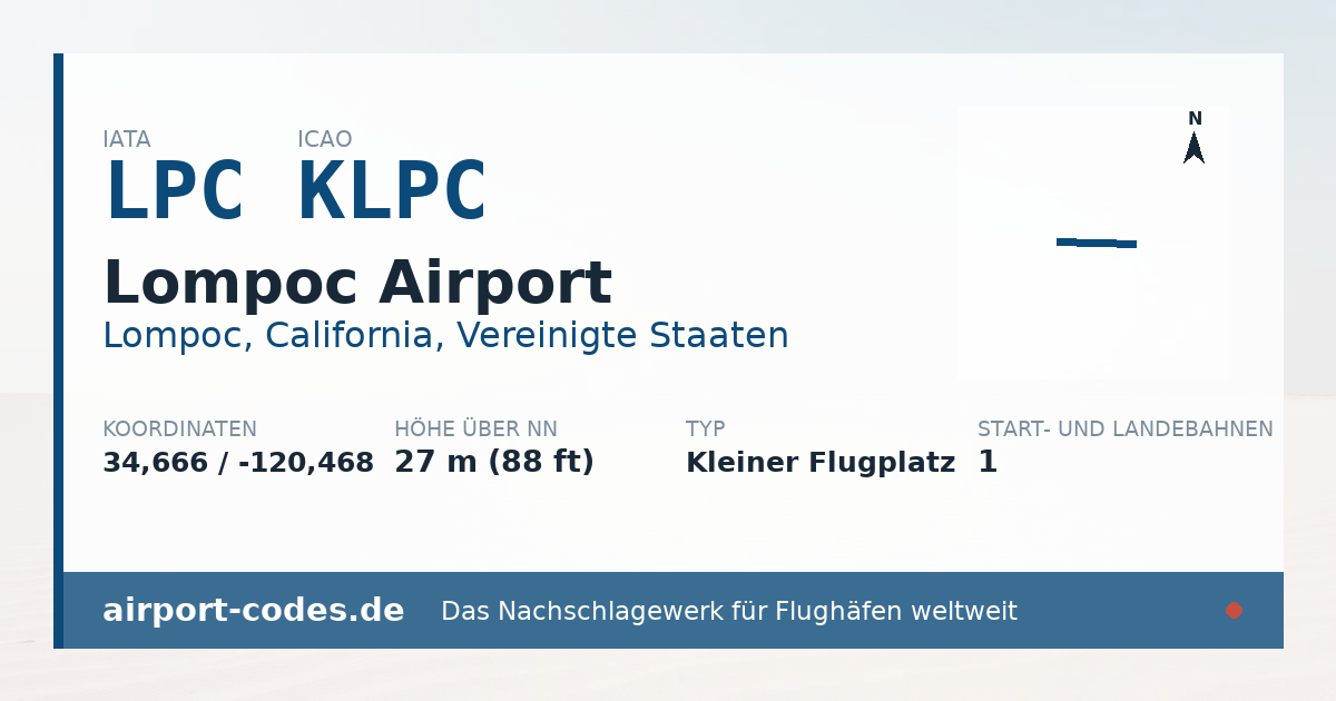 Generierte Übersichtsgrafik zum Flughafen Lompoc Airport mit Codes, Koordinaten und Bahnenskizze