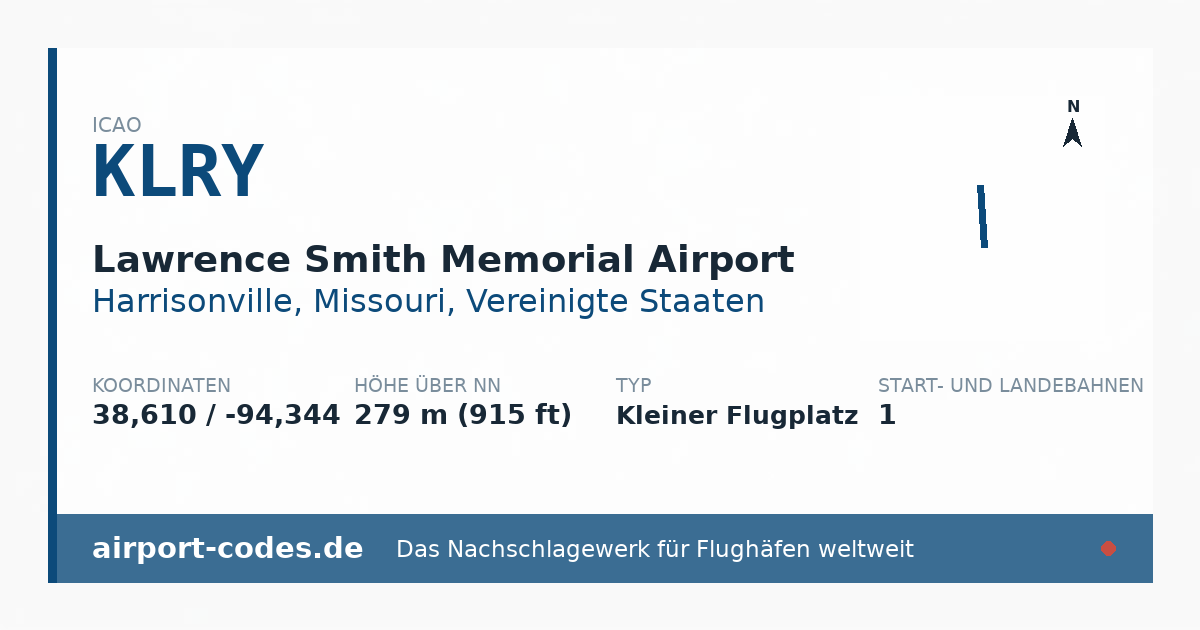 Generierte Übersichtsgrafik zum Flughafen Lawrence Smith Memorial Airport mit Codes, Koordinaten und Bahnenskizze