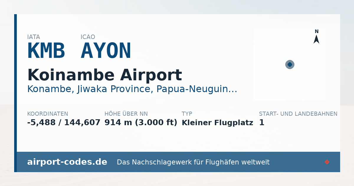 Generierte Übersichtsgrafik zum Flughafen Koinambe Airport mit Codes, Koordinaten und Bahnenskizze