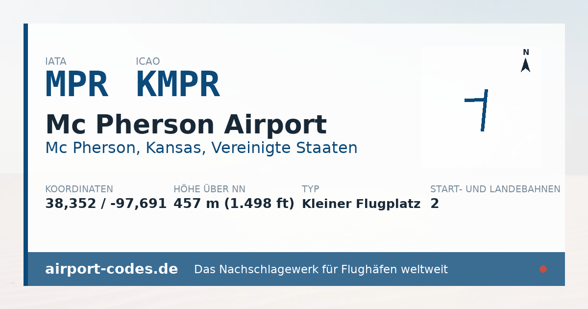 Generierte Übersichtsgrafik zum Flughafen Mc Pherson Airport mit Codes, Koordinaten und Bahnenskizze