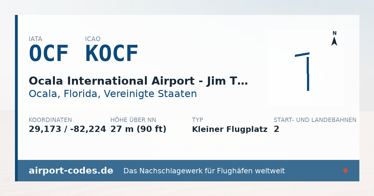 Generierte Übersichtsgrafik zum Flughafen Ocala International Airport - Jim Taylor Field mit Codes, Koordinaten und Bahnenskizze