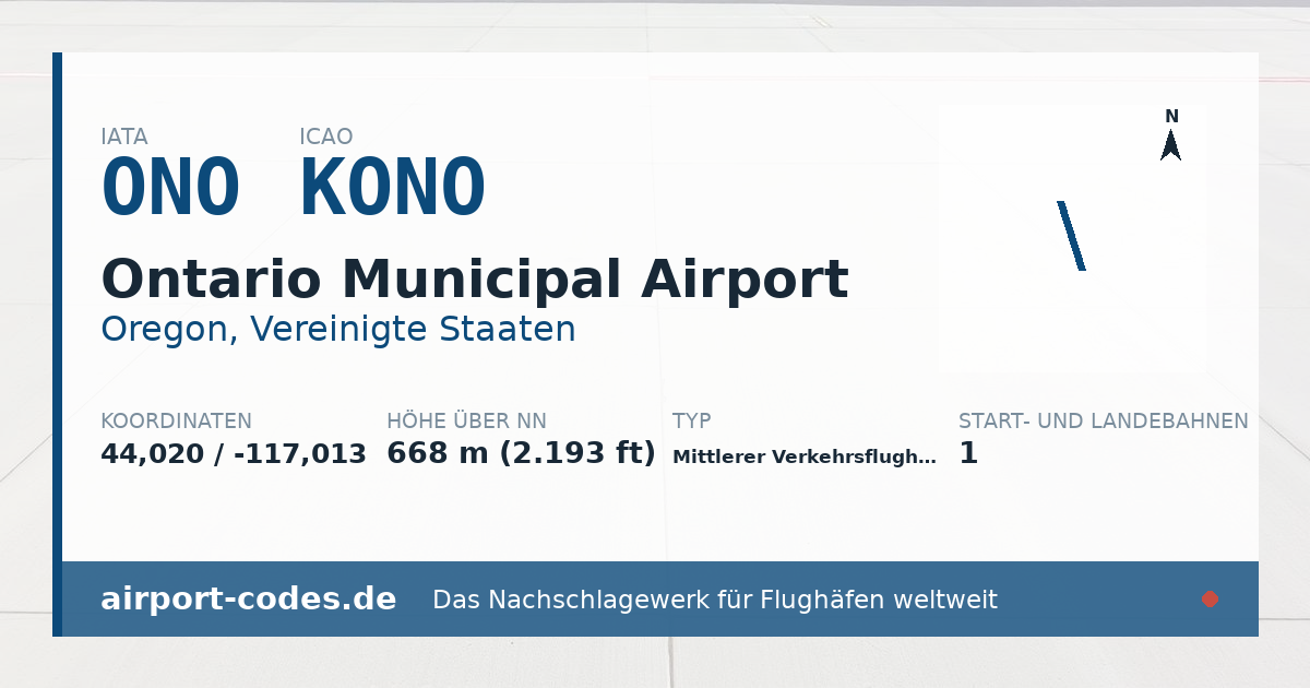 Generierte Übersichtsgrafik zum Flughafen Ontario Municipal Airport mit Codes, Koordinaten und Bahnenskizze