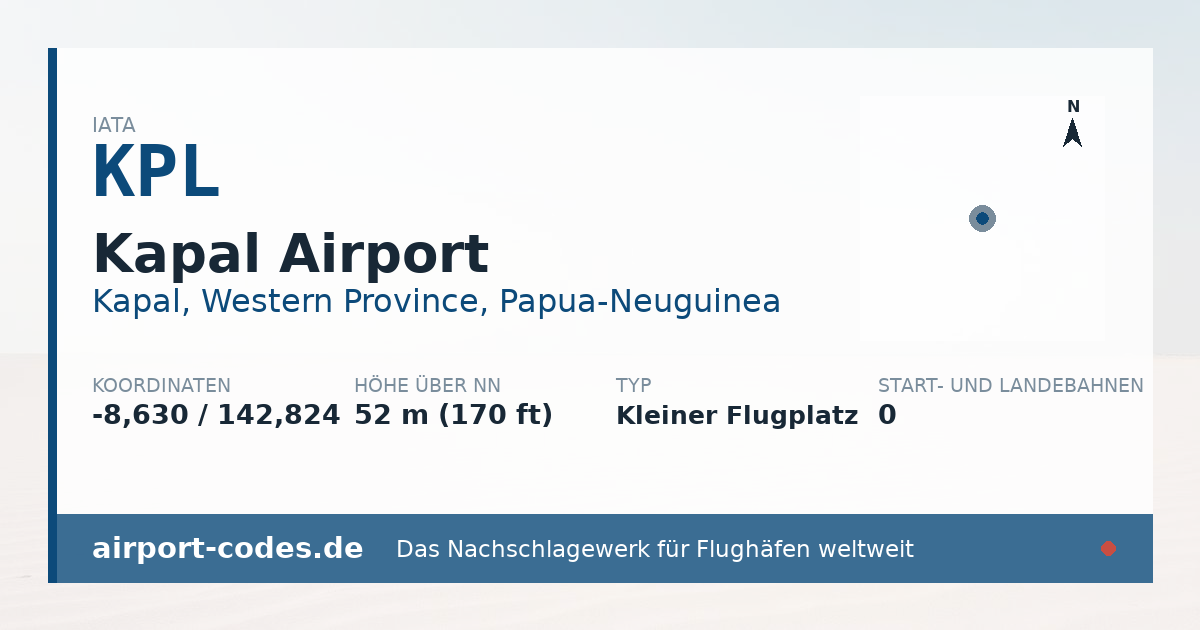 Generierte Übersichtsgrafik zum Flughafen Kapal Airport mit Codes, Koordinaten und Bahnenskizze