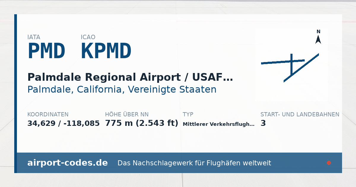 Generierte Übersichtsgrafik zum Flughafen Palmdale Regional Airport / USAF Plant 42 Airport mit Codes, Koordinaten und Bahnenskizze