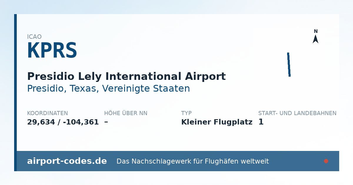 Generierte Übersichtsgrafik zum Flughafen Presidio Lely International Airport mit Codes, Koordinaten und Bahnenskizze