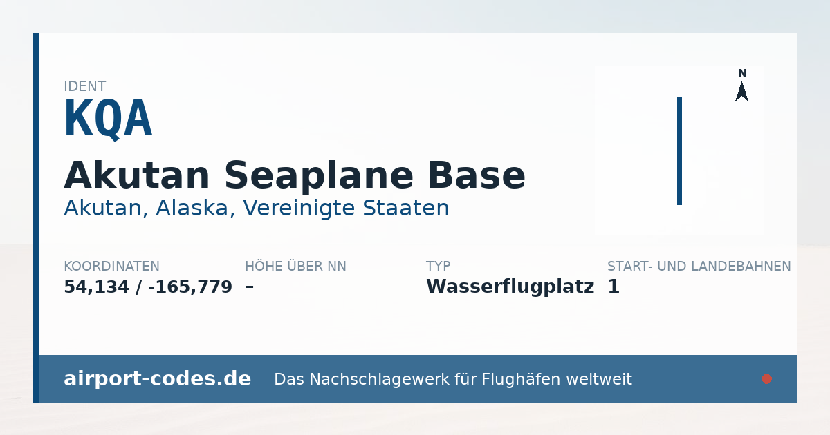 Generierte Übersichtsgrafik zum Flughafen Akutan Seaplane Base mit Codes, Koordinaten und Bahnenskizze