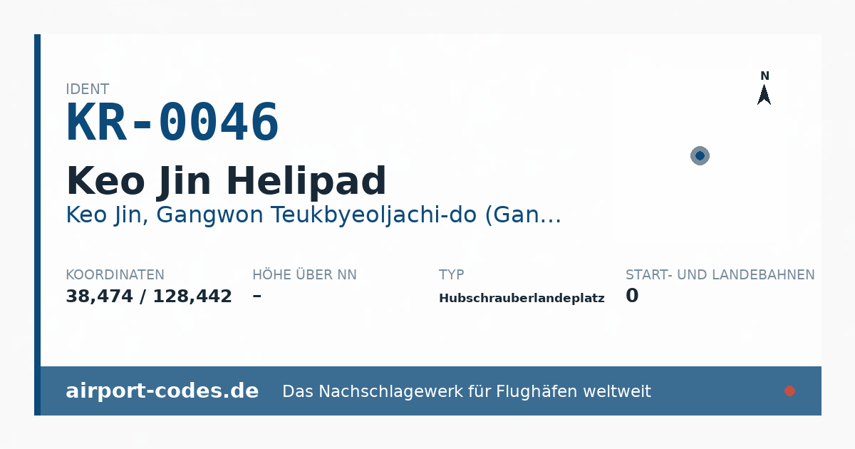 Generierte Übersichtsgrafik zum Flughafen Keo Jin Helipad mit Codes, Koordinaten und Bahnenskizze