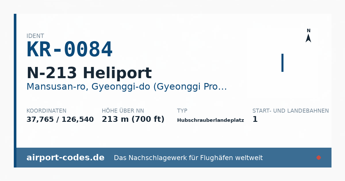 Generierte Übersichtsgrafik zum Flughafen N-213 Heliport mit Codes, Koordinaten und Bahnenskizze