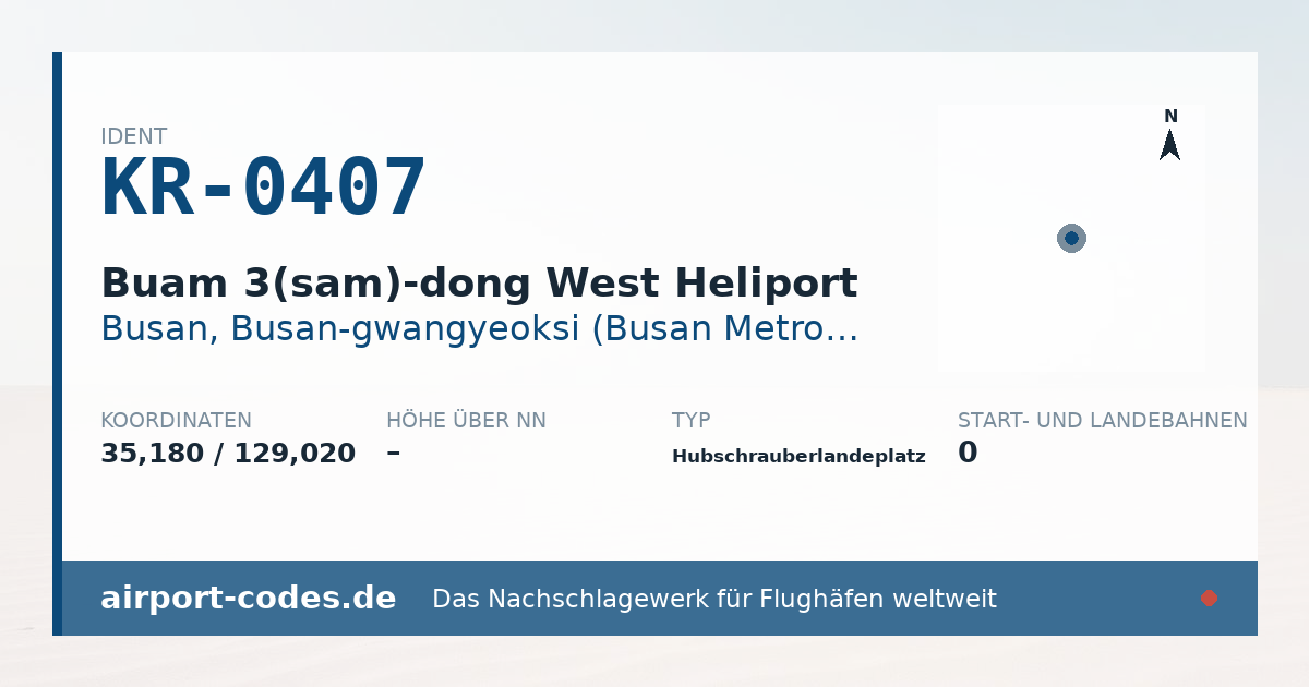 Generierte Übersichtsgrafik zum Flughafen Buam 3(sam)-dong West Heliport mit Codes, Koordinaten und Bahnenskizze