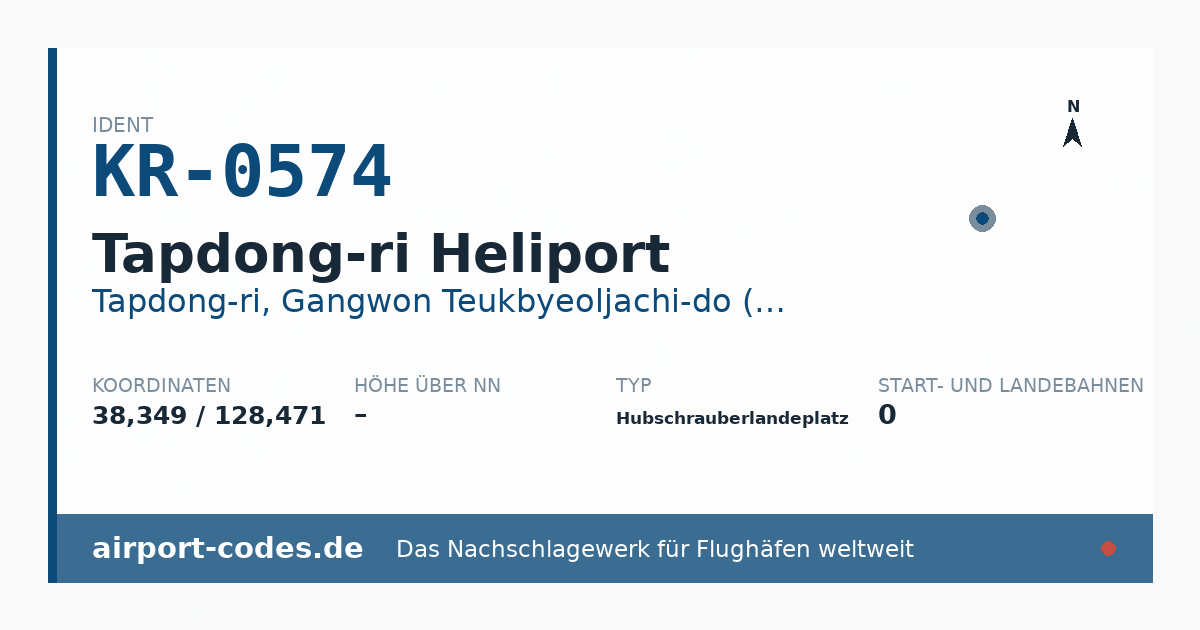 Generierte Übersichtsgrafik zum Flughafen Tapdong-ri Heliport mit Codes, Koordinaten und Bahnenskizze