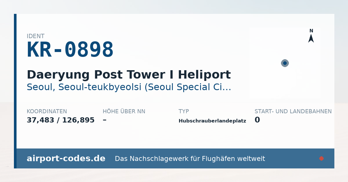 Generierte Übersichtsgrafik zum Flughafen Daeryung Post Tower I Heliport mit Codes, Koordinaten und Bahnenskizze