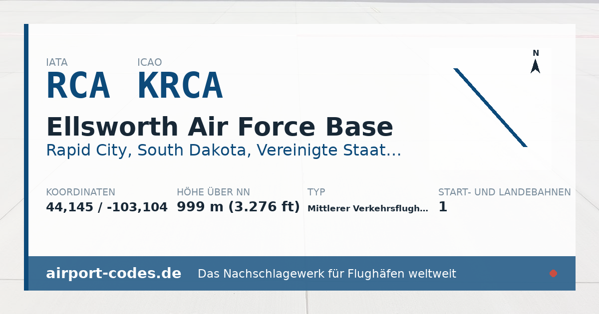 Generierte Übersichtsgrafik zum Flughafen Ellsworth Air Force Base mit Codes, Koordinaten und Bahnenskizze