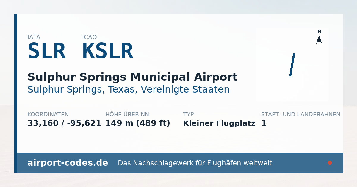 Generierte Übersichtsgrafik zum Flughafen Sulphur Springs Municipal Airport mit Codes, Koordinaten und Bahnenskizze