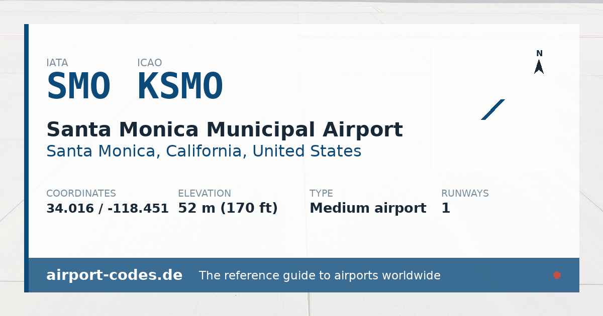 Generated summary graphic for Santa Monica Municipal Airport showing codes, coordinates and a runway sketch
