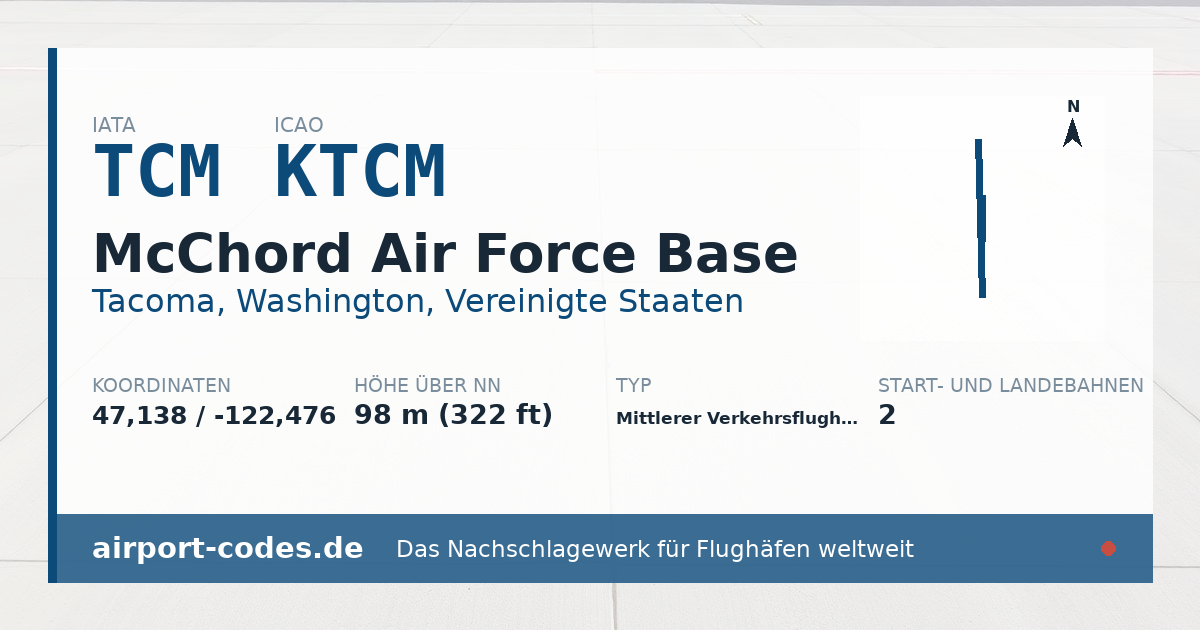 Generierte Übersichtsgrafik zum Flughafen McChord Air Force Base mit Codes, Koordinaten und Bahnenskizze