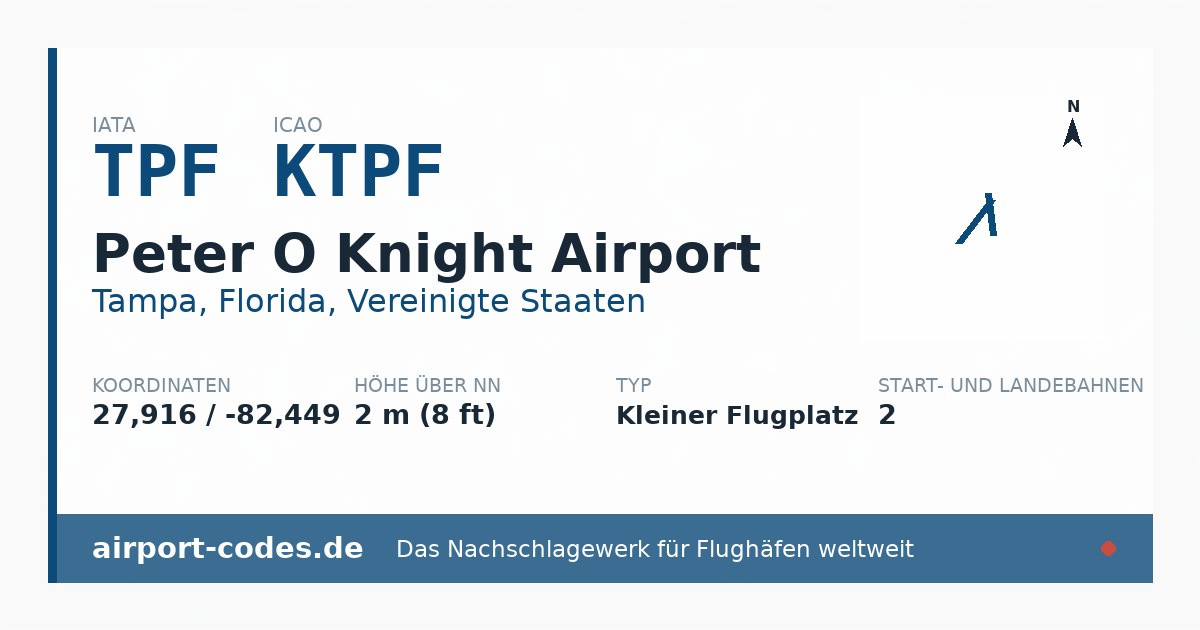 Generierte Übersichtsgrafik zum Flughafen Peter O Knight Airport mit Codes, Koordinaten und Bahnenskizze