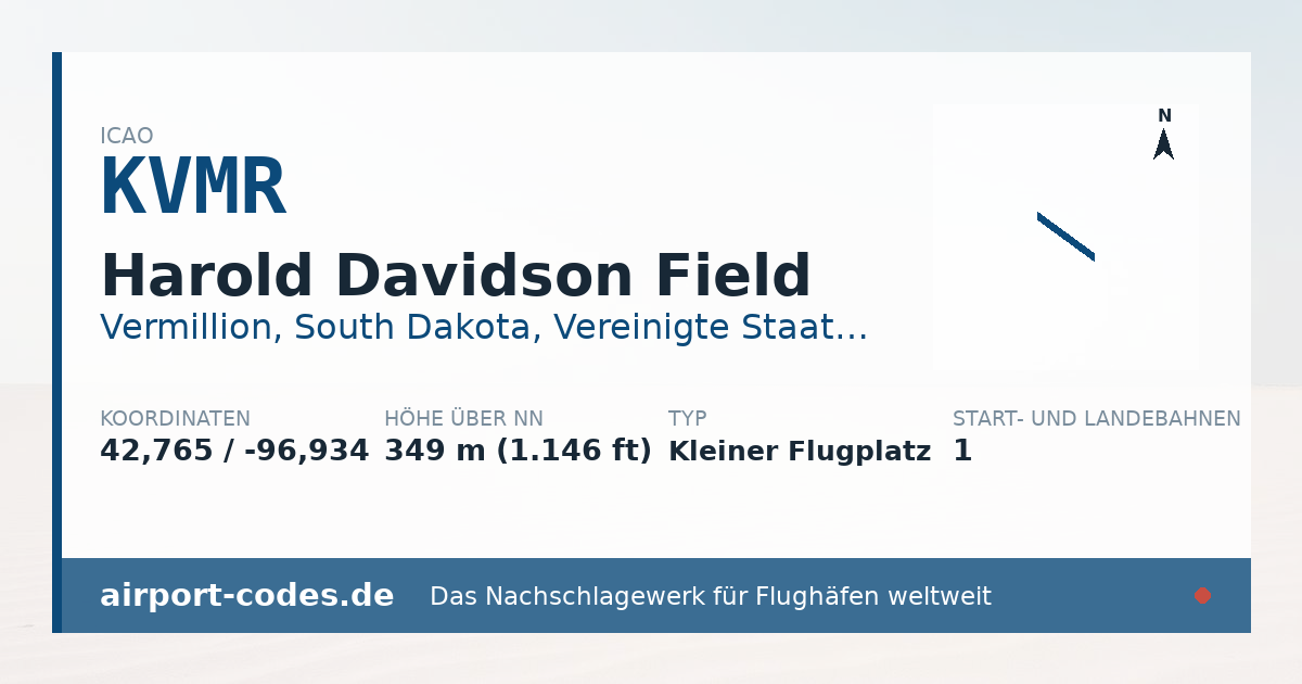 Generierte Übersichtsgrafik zum Flughafen Harold Davidson Field mit Codes, Koordinaten und Bahnenskizze