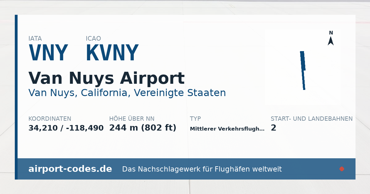 Generierte Übersichtsgrafik zum Flughafen Van Nuys Airport mit Codes, Koordinaten und Bahnenskizze