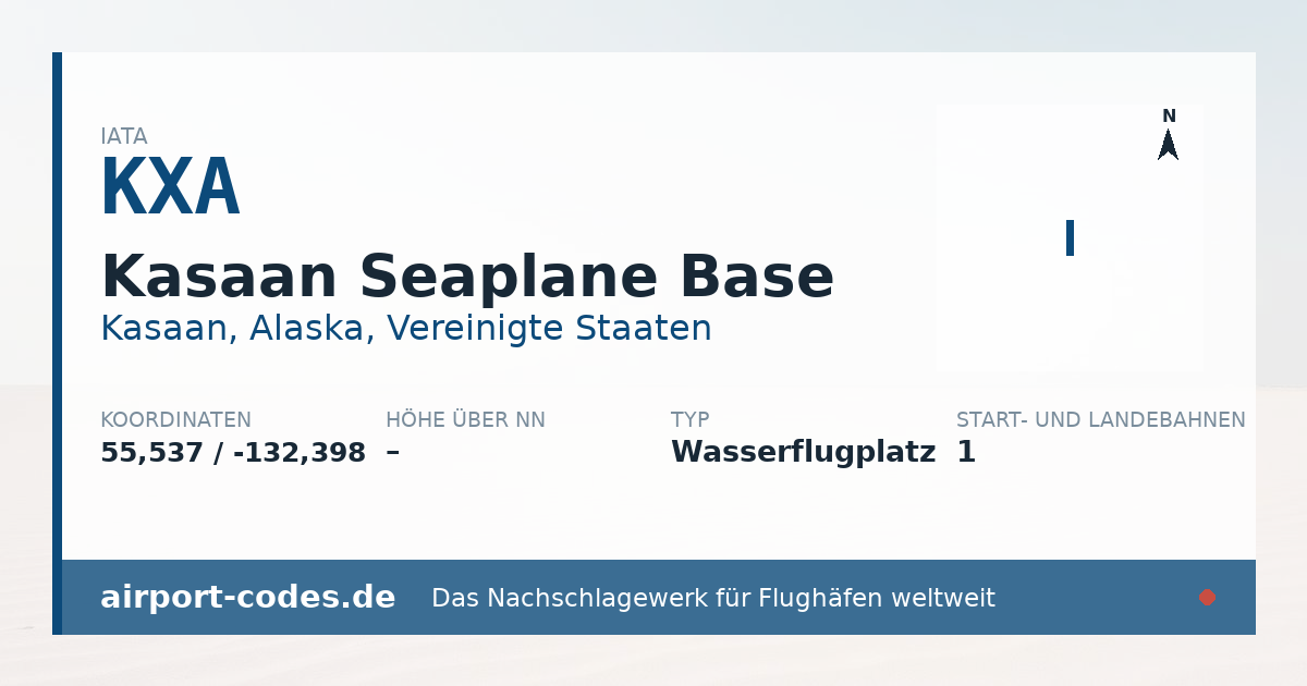 Generierte Übersichtsgrafik zum Flughafen Kasaan Seaplane Base mit Codes, Koordinaten und Bahnenskizze