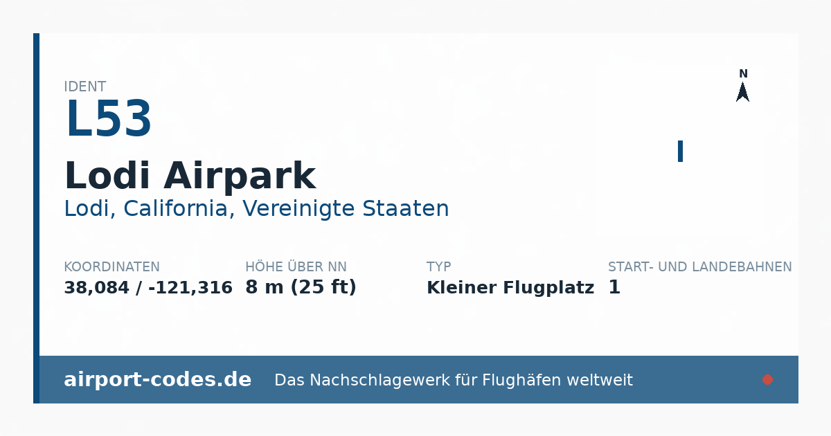 Generierte Übersichtsgrafik zum Flughafen Lodi Airpark mit Codes, Koordinaten und Bahnenskizze