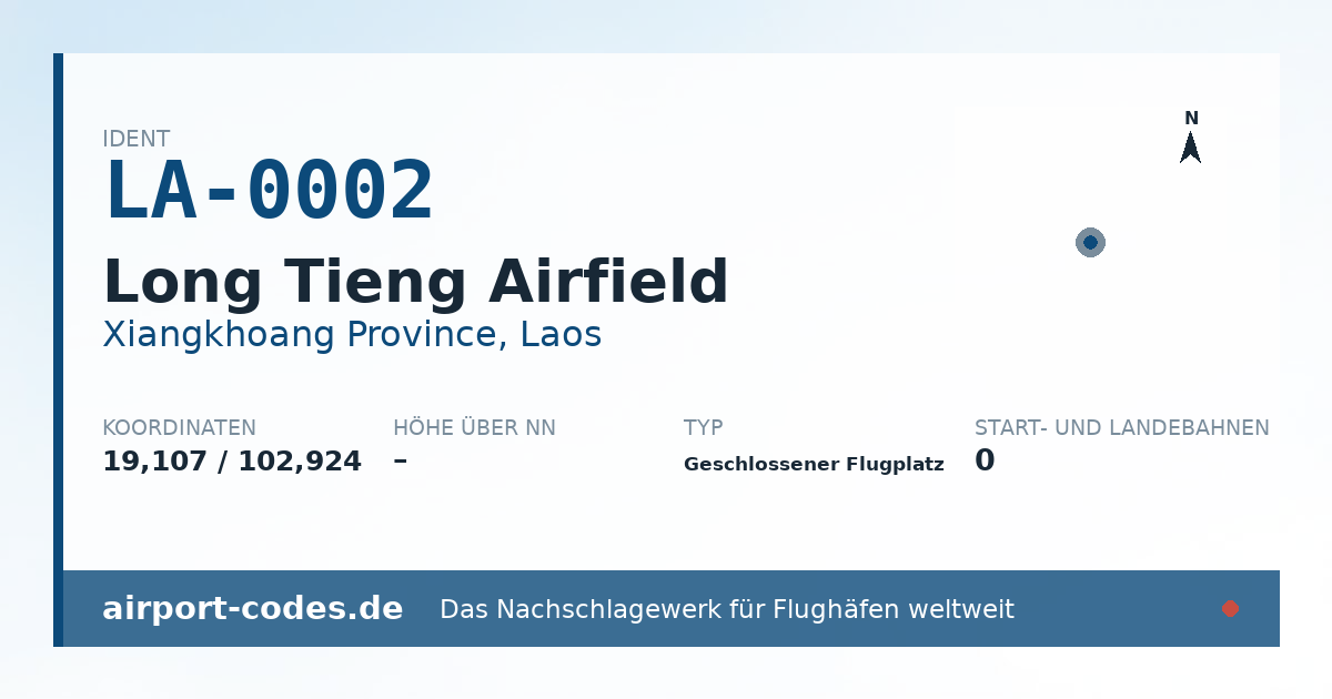 Generierte Übersichtsgrafik zum Flughafen Long Tieng Airfield mit Codes, Koordinaten und Bahnenskizze