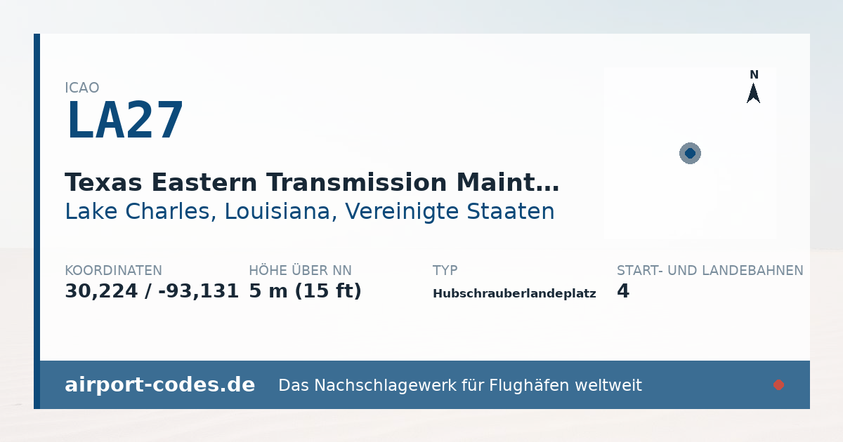 Generierte Übersichtsgrafik zum Flughafen Texas Eastern Transmission Maintenance Hq Heliport mit Codes, Koordinaten und Bahnenskizze