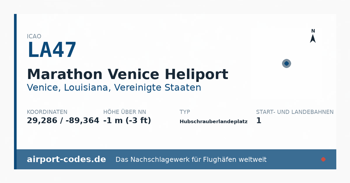 Generierte Übersichtsgrafik zum Flughafen Marathon Venice Heliport mit Codes, Koordinaten und Bahnenskizze