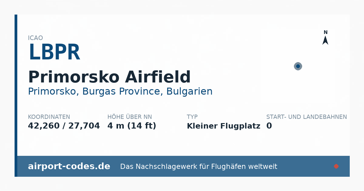 Generierte Übersichtsgrafik zum Flughafen Primorsko Airfield mit Codes, Koordinaten und Bahnenskizze