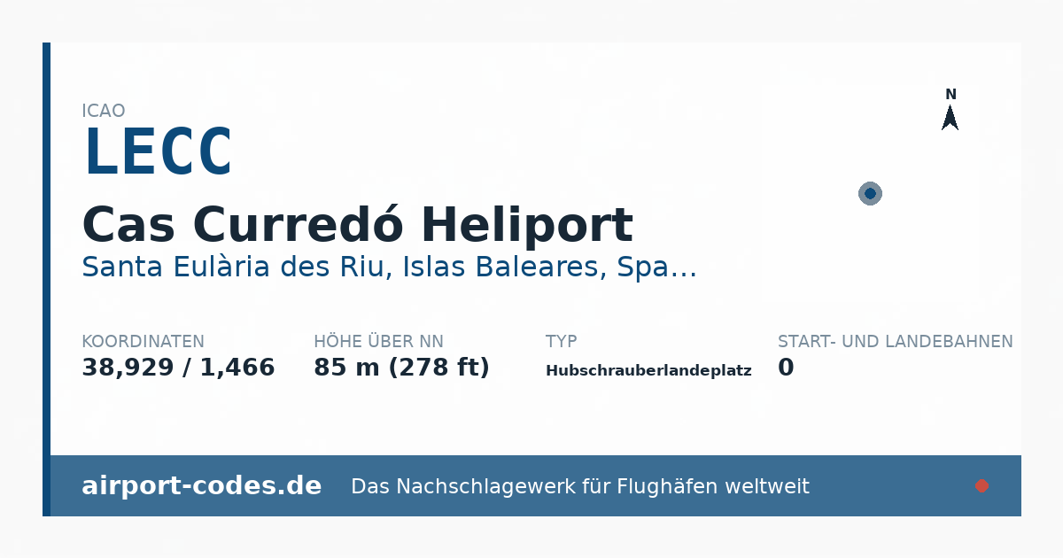 Generierte Übersichtsgrafik zum Flughafen Cas Curredó Heliport mit Codes, Koordinaten und Bahnenskizze