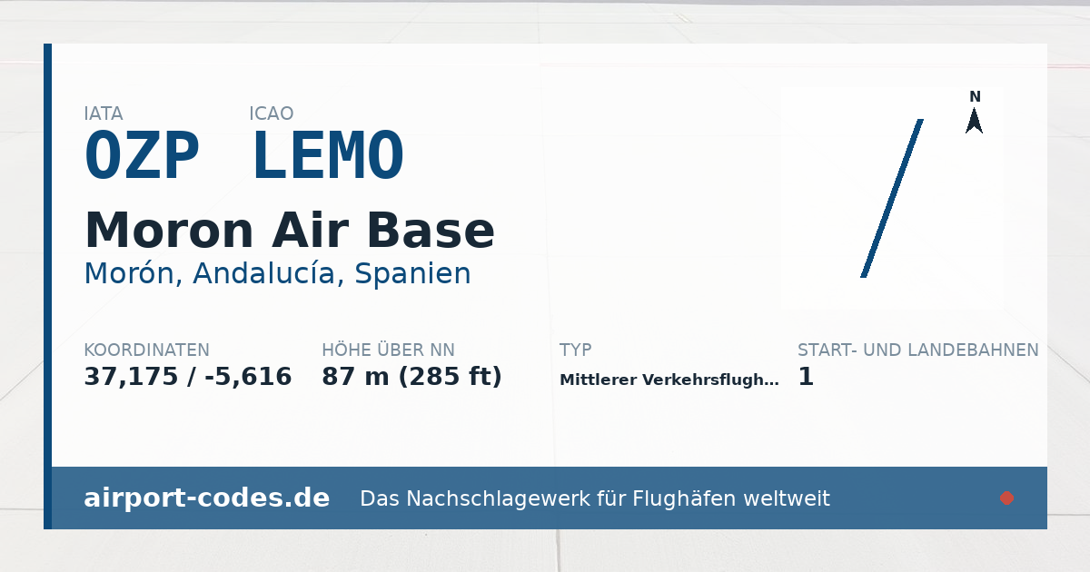 Generierte Übersichtsgrafik zum Flughafen Moron Air Base mit Codes, Koordinaten und Bahnenskizze