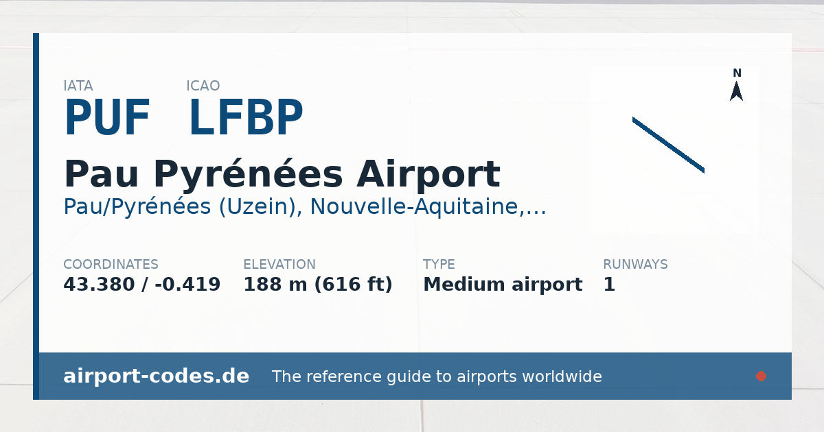 Generated summary graphic for Pau Pyrénées Airport showing codes, coordinates and a runway sketch