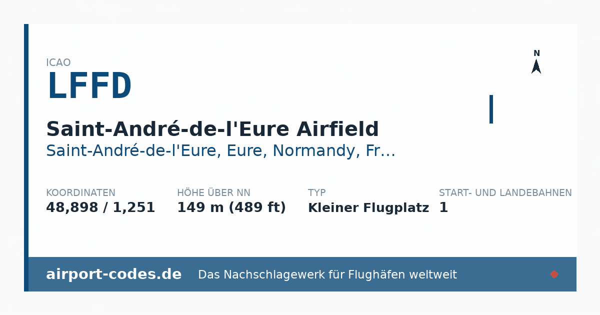 Generierte Übersichtsgrafik zum Flughafen Saint-André-de-l'Eure Airfield mit Codes, Koordinaten und Bahnenskizze
