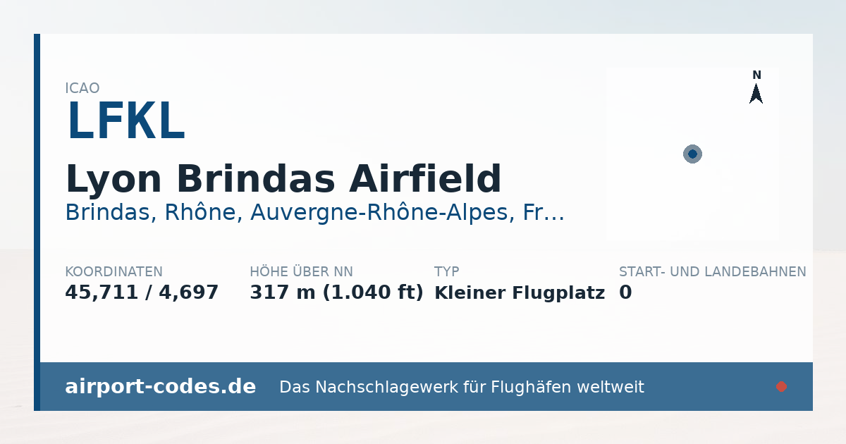 Generierte Übersichtsgrafik zum Flughafen Lyon Brindas Airfield mit Codes, Koordinaten und Bahnenskizze