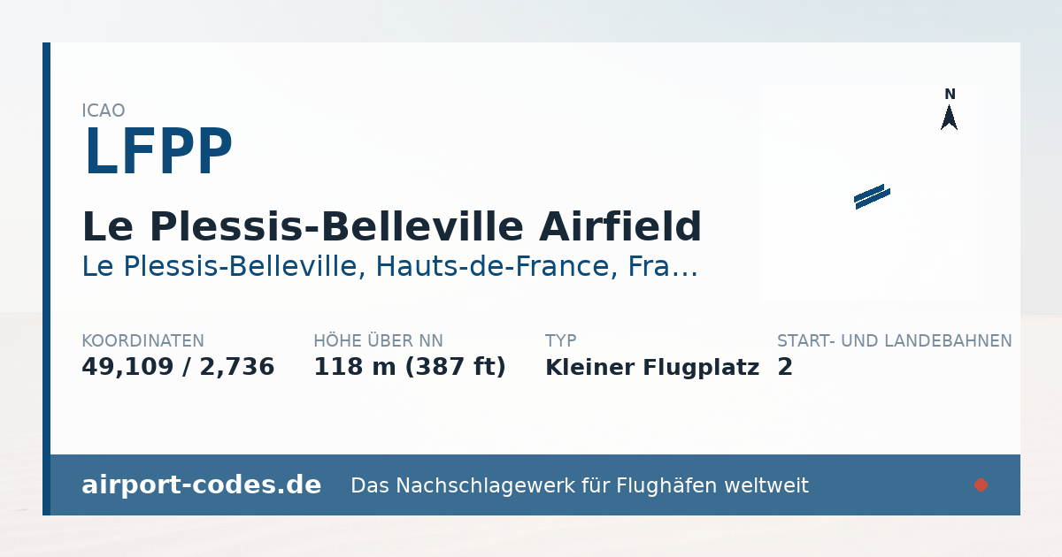 Generierte Übersichtsgrafik zum Flughafen Le Plessis-Belleville Airfield mit Codes, Koordinaten und Bahnenskizze